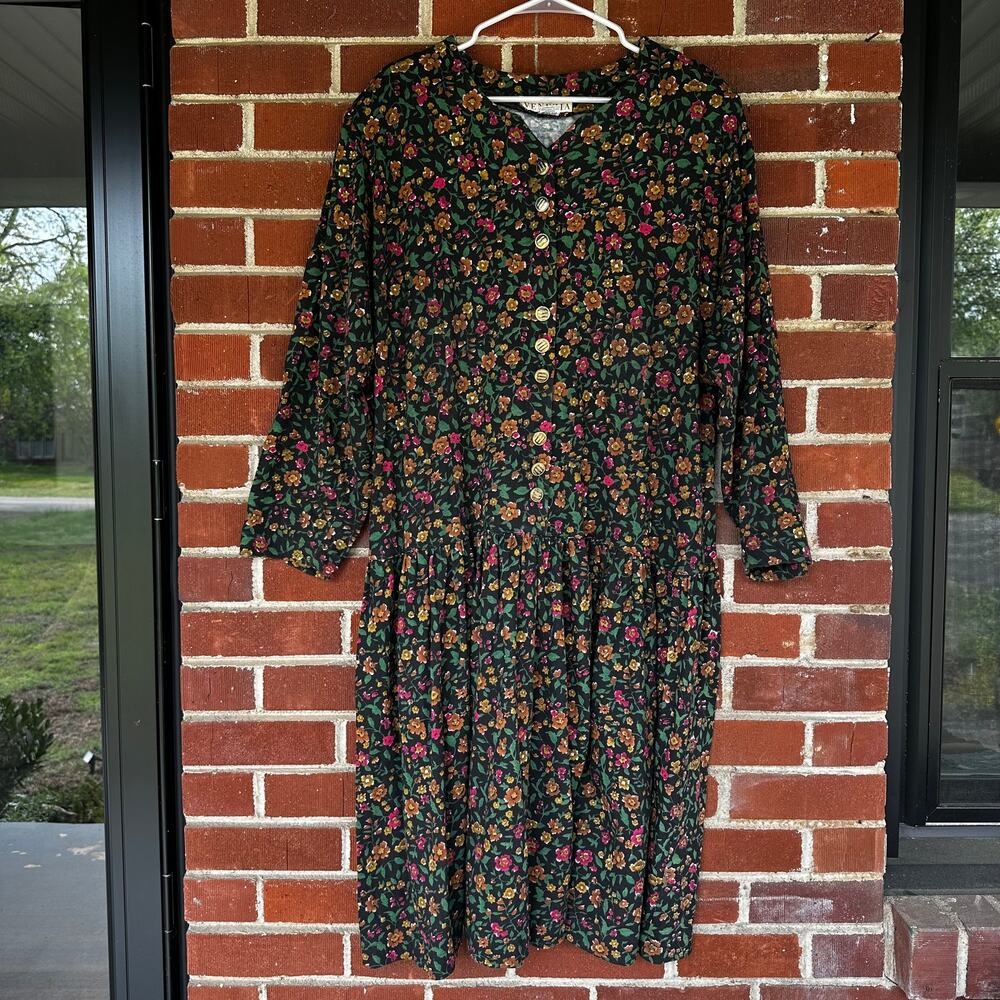 Venezia Floral Midi Dress Cottagecore Button Front Shoulder Pads 18/20